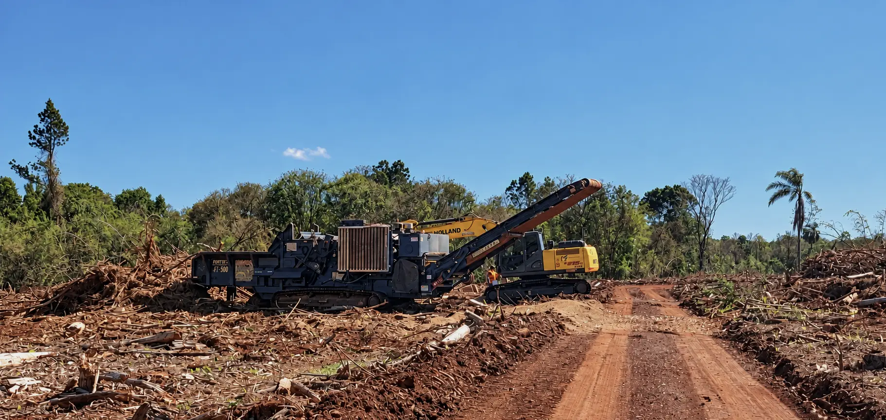 Equipo procesando material forestal para su aprovechamiento como biomasa