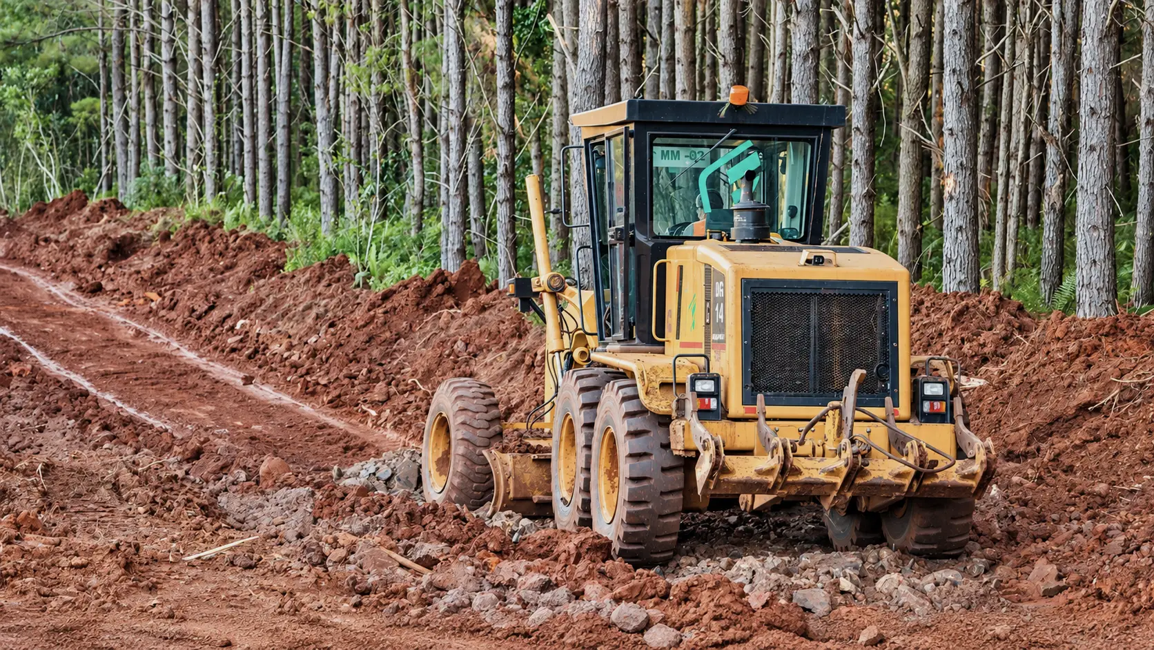 Motoniveladora trabajando en un camino forestal de tierra